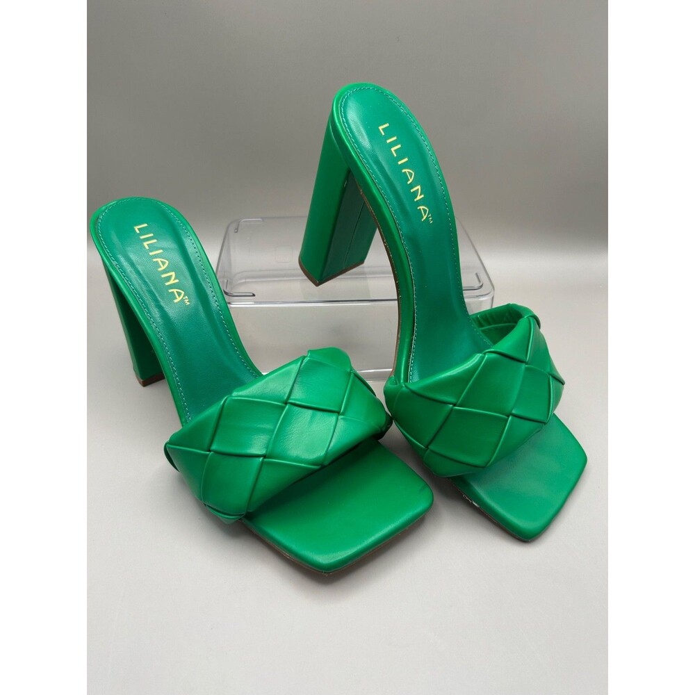 Liliana Women's Woven Mules Block Heel Slip On Sandals Green Heels Size 8.5